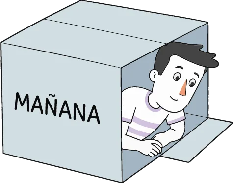 Ilustración de una persona dentro de una caja con la palabra mañana