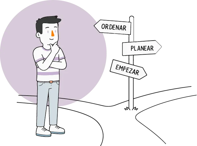 Ilustración de una persona frente a señales de ordenar, planear y empezar