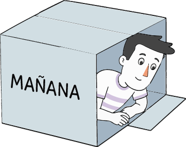Adrián saliendo de una caja que dice mañana