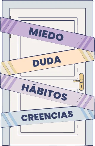 Puerta bloqueada por miedo, duda, hábitos y creencias