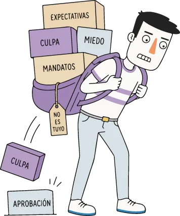 Ilustración de una persona cargando expectativas, culpa, miedo y mandatos
